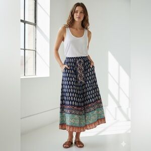 Angie Boho Print Midi Skirt Size S Blue Floral Rayon India